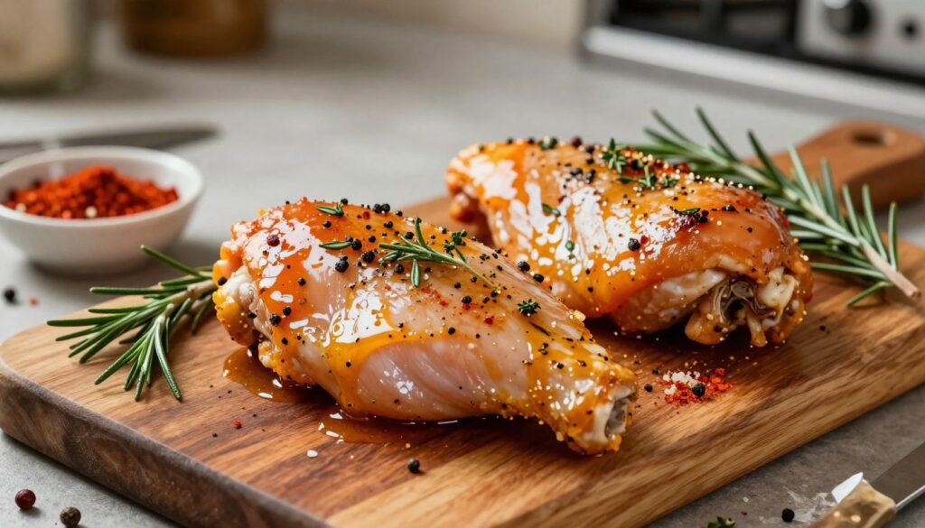 A close-up view of succulent chicken breasts marinated in a vibrant blend of spices and herbs, glistening with a flavorful glaze. The chicken is beautifully arranged on a rustic wooden cutting board, surrounded by sprigs of fresh rosemary and thyme, along with a small dish of colorful spices like paprika and garlic powder scattered around. The background features a softly lit kitchen setup, with hints of cooking utensils and a faintly blurred oven in the distance, suggesting a cozy cooking atmosphere. The lighting is warm and inviting, capturing the rich textures and colors of the chicken. The shot is taken from a slightly elevated angle, giving a clear view of the marinated chicken, emphasizing its enticing presentation.