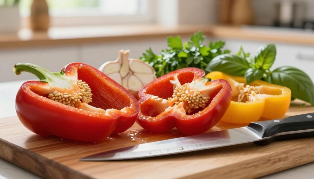 A close-up view of vibrant red and yellow bell pepper pieces, carefully arranged on a wooden cutting board, showcasing their hollow insides with visible seeds. In the foreground, a sharp kitchen knife rests beside the pepper, glistening with a hint of water, hinting at the freshness of the vegetables. In the middle ground, sliced garlic and colorful herbs like parsley and basil complement the peppers, adding pops of green. The background features softly blurred kitchen tools and a warm, inviting kitchen interior with natural light streaming in from a nearby window, creating a cozy atmosphere. The overall mood should evoke a sense of preparation and freshness, perfect for an aromatic sauce making scene.