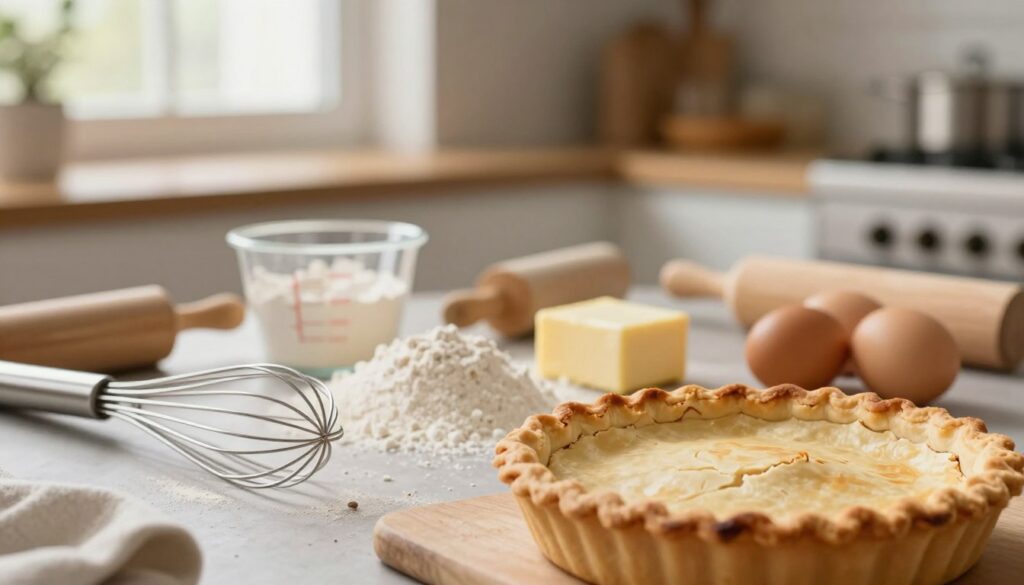 A collection of baking elements showing common mistakes affecting pastry consistency. In the foreground, a cracked pie crust with a golden-brown hue, unevenly baked and slightly burnt at the edges. In the middle, a range of baking tools including a whisk, measuring cups, and ingredients like flour, butter, and eggs, some spilling over, symbolizing chaos. In the background, a softly blurred kitchen setting with a warm, inviting ambiance, lit by natural light streaming through a window. The atmosphere should feel cozy yet slightly chaotic, reflecting typical baking mishaps. Use a shallow depth of field to focus on the foreground elements while maintaining a soft contextual background.