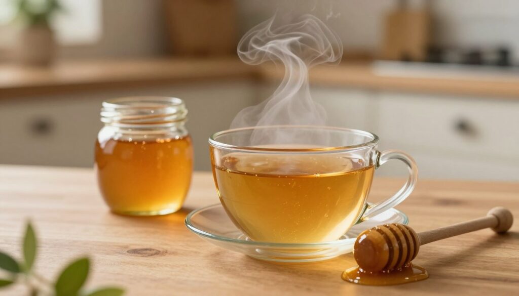 A cozy, inviting scene featuring a steaming cup of herbal tea infused with golden honey, placed on a wooden table. In the foreground, the teacup showcases a hint of swirling steam, with a honey dipper elegantly resting beside it, dripping with honey. The middle of the image captures a small glass jar of honey, its surface glistening under soft, warm lighting that creates a comforting atmosphere. In the background, softly blurred elements of a tranquil kitchen setting, such as warm-hued cabinets and greenery, enhance the homey feel. The overall composition conveys a sense of relaxation and wellness, inviting viewers to discover the harmonious blend of honey and tea. Soft focus and natural light create a serene and inviting mood.