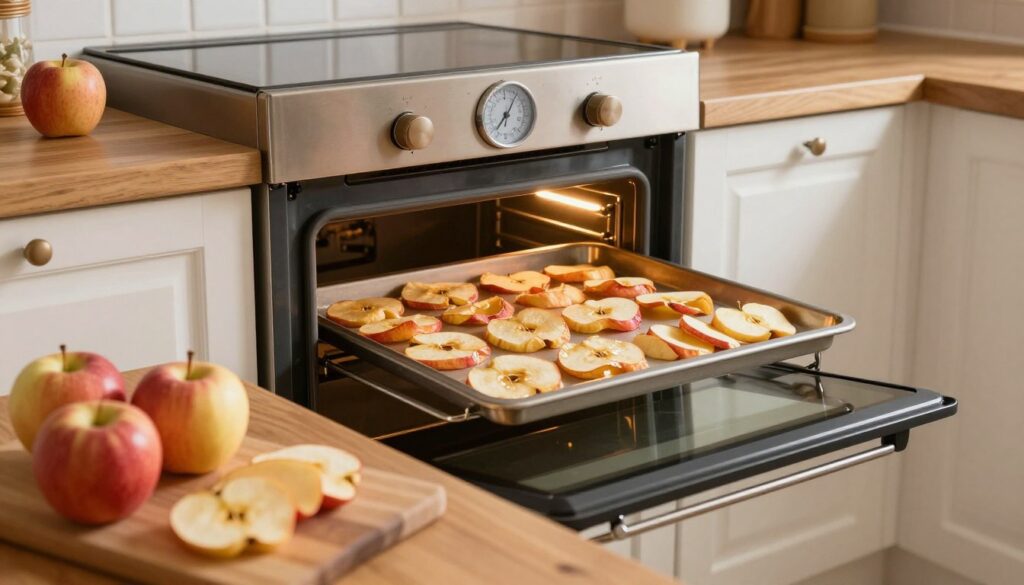 A cozy kitchen interior with an open oven displaying thinly sliced apples on a baking tray, perfectly arranged for drying. The golden and red apple slices glisten under soft, warm lighting, highlighting their textures and colors. In the foreground, a rustic wooden countertop is adorned with a cutting board and an assortment of fresh apples, some whole and others freshly sliced. In the middle ground, the oven, with its glass door slightly ajar, reveals the drying process, and a thermometer shows a recommended temperature for drying apples. The background features white cabinets and subtle kitchen decor, creating a welcoming atmosphere. Capture the scene from a slightly elevated angle to emphasize both the apples in the oven and the delightful kitchen setting, evoking a sense of warmth and homeliness.