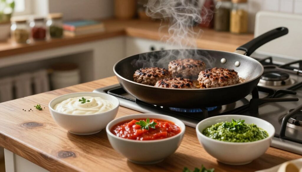 A cozy kitchen scene capturing an array of delicious sauce recipes for meat patties. In the foreground, a rustic wooden table displays three small bowls of sauce: a creamy white sauce, a rich red tomato-based sauce, and a tangy green herb sauce, garnished with fresh herbs. In the middle, a frying pan with sizzling meat patties sits on the stovetop, with steam rising to add warmth to the atmosphere. The background features softly blurred shelves filled with spices and cookbooks, with warm, natural lighting illuminating the space. The mood is inviting and homely, suggesting the comfort of home-cooked meals. The composition is photographed from a slight overhead angle, emphasizing the sauces and the hearty meal they complement. No text or other distractions are present.