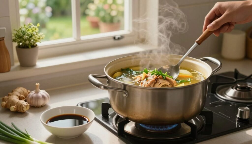 A cozy kitchen scene depicting a pot of traditional chicken broth simmering on the stove, infused with fresh herbs and vegetables. In the foreground, a small bowl of dark soy sauce is elegantly placed next to a spoon, highlighting its rich, glossy texture. Soft, warm lighting gently illuminates the scene, creating an inviting atmosphere. The countertop is adorned with fresh garlic, ginger, and green onions, suggesting preparation for a flavorful infusion. In the background, a window reveals a charming neighborhood kitchen garden, subtly enhancing the homey feel. The image captures the essence of adding soy sauce to broth, visually representing the melding of flavors that enriches the dish. The composition should evoke comfort and culinary creativity without any text or logos present.
