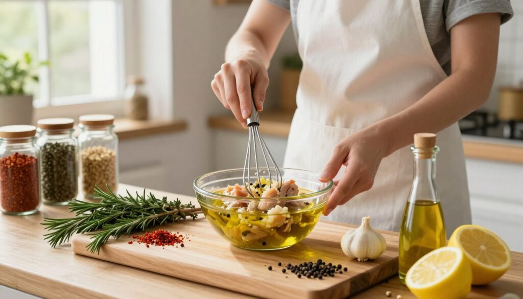 A cozy kitchen scene depicting the preparation of a chicken marinade. In the foreground, a wooden cutting board is adorned with fresh herbs like rosemary and thyme, alongside vibrant spices such as paprika and black pepper. A bowl filled with olive oil, lemon juice, and minced garlic sits prominently on the board. In the middle ground, a chef, dressed in a simple white apron, is mixing the marinade with a whisk while smiling, conveying a sense of joy and satisfaction. The background features neatly organized jars of spices and a sunny window, allowing warm natural light to flood the space, enhancing the inviting atmosphere. The focus is sharp on the marinade preparation, capturing the vibrant colors and textures of the ingredients.
