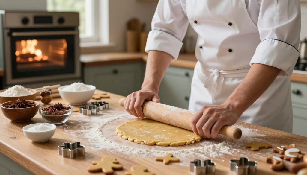 A cozy kitchen scene featuring a chef, dressed in a neat white apron and professional attire, gently kneading and rolling a batch of freshly prepared gingerbread dough. The foreground highlights the dough, dusted with flour, and a rolling pin, with a focus on the chef's hands skillfully working the ingredients. In the middle ground, a spacious wooden tabletop is adorned with bowls filled with spices, icing sugar, and cookie cutters, evoking the essence of holiday baking. The background showcases an old-fashioned oven preheating, with warm, inviting light casting a glow throughout the scene. Soft daylight filters through a nearby window, creating a homey and aromatic atmosphere, perfect for the delicate process of chilling the dough before baking.