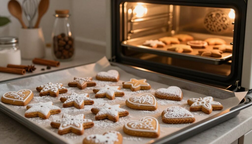 A cozy kitchen scene filled with warm, ambient lighting. In the foreground, a baking tray scattered with freshly baked "pierniczki," gingerbread cookies, shaped like stars and hearts, dusted with powdered sugar, with some displaying intricate icing decorations. The cookies are golden brown, indicating they are perfectly baked, resting gently on parchment paper. In the middle ground, an open oven with a soft glow emanating from it, revealing more cookies inside, showcasing varying degrees of doneness, hinting at the right moment to be taken out. In the background, traditional baking utensils and spices like cinnamon and nutmeg are artfully arranged, creating a nostalgic atmosphere. The focus is sharp on the cookies, gradually fading in the distance to present a heartwarming, inviting baking environment. A cozy kitchen scene filled with warm, ambient lighting. In the foreground, a baking tray scattered with freshly baked "pierniczki," gingerbread cookies, shaped like stars and hearts, dusted with powdered sugar, with some displaying intricate icing decorations. The cookies are golden brown, indicating they are perfectly baked, resting gently on parchment paper. In the middle ground, an open oven with a soft glow emanating from it, revealing more cookies inside, showcasing varying degrees of doneness, hinting at the right moment to be taken out. In the background, traditional baking utensils and spices like cinnamon and nutmeg are artfully arranged, creating a nostalgic atmosphere. The focus is sharp on the cookies, gradually fading in the distance to present a heartwarming, inviting baking environment.