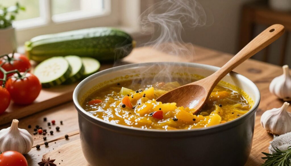 A cozy kitchen scene focused on a pot simmering with a vibrant zucchini sauce, surrounded by fresh vegetables like tomatoes, garlic, and herbs. In the foreground, a wooden spoon rests against the pot, reflecting the rich, golden-brown color of the sauce. The middle ground captures a rustic wooden table adorned with sliced zucchinis and an array of colorful spices ready for seasoning. The background features warm, soft lighting from a nearby window, casting gentle shadows and highlighting the inviting atmosphere. A subtle steam rises from the pot, suggesting warmth and the aroma of the cooking sauce. The overall mood is homey and inviting, evoking the joy of preparing homemade vegetable preserves. A cozy kitchen scene focused on a pot simmering with a vibrant zucchini sauce, surrounded by fresh vegetables like tomatoes, garlic, and herbs. In the foreground, a wooden spoon rests against the pot, reflecting the rich, golden-brown color of the sauce. The middle ground captures a rustic wooden table adorned with sliced zucchinis and an array of colorful spices ready for seasoning. The background features warm, soft lighting from a nearby window, casting gentle shadows and highlighting the inviting atmosphere. A subtle steam rises from the pot, suggesting warmth and the aroma of the cooking sauce. The overall mood is homey and inviting, evoking the joy of preparing homemade vegetable preserves.