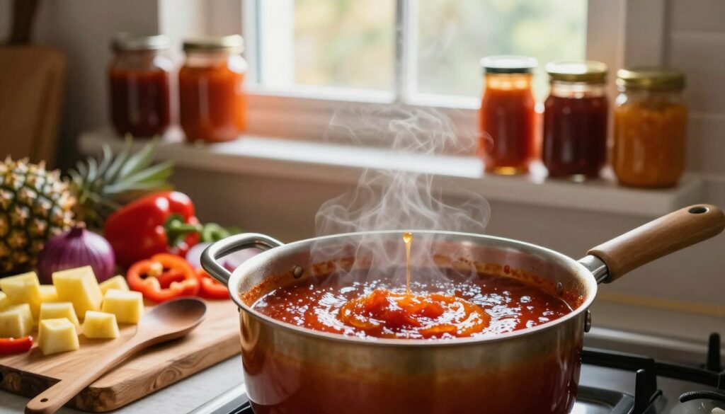 A cozy kitchen scene focused on the art of sauce thickening. In the foreground, a pot simmering with vibrant sweet and sour sauce, steam gently rising, showcasing rich textures and colors—deep reds and glossy amber tones. Beside the pot, a wooden spoon rests on a rustic cutting board scattered with fresh ingredients like diced pineapples, bell peppers, and onions, hinting at the recipe's vibrant base. In the middle, a window flooded with soft, warm natural light brings a welcoming atmosphere, highlighting the process. The background features shelves lined with jars of preserved sauces, each glistening, representing the end result of the thickening technique. Capturing a feeling of warmth and home-cooked comfort, the overall mood is inviting and creative, perfect for illustrating sauce preparation techniques.