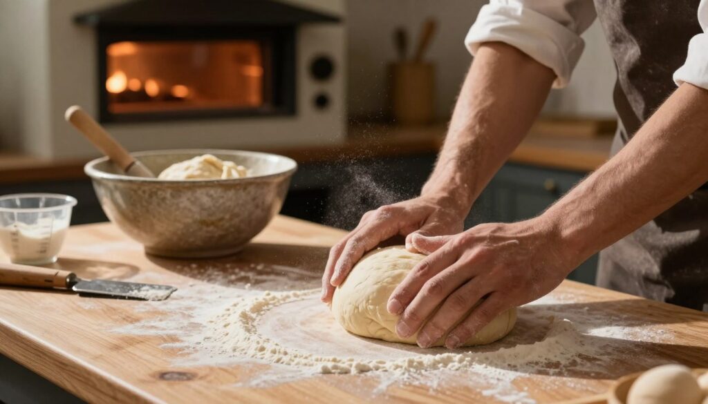A cozy kitchen scene focused on the art of shaping a loaf of bread. In the foreground, a skilled baker's hands are delicately forming a round, plump dough ball on a lightly floured wooden countertop, flour dust floating gently in the warm sunlight. The middle ground features a rustic mixing bowl filled with dough, with tools like a dough scraper and measuring cups scattered nearby. In the background, a rustic oven stands ready, with a glowing warmth emanating from it. Soft, warm lighting enhances the inviting atmosphere, capturing the essence of home baking. The focus is on the texture of the dough and the baker's technique, showcasing the meticulous process of preparing dough for baking. A cozy kitchen scene focused on the art of shaping a loaf of bread. In the foreground, a skilled baker's hands are delicately forming a round, plump dough ball on a lightly floured wooden countertop, flour dust floating gently in the warm sunlight. The middle ground features a rustic mixing bowl filled with dough, with tools like a dough scraper and measuring cups scattered nearby. In the background, a rustic oven stands ready, with a glowing warmth emanating from it. Soft, warm lighting enhances the inviting atmosphere, capturing the essence of home baking. The focus is on the texture of the dough and the baker's technique, showcasing the meticulous process of preparing dough for baking.