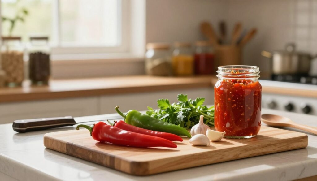 A cozy kitchen scene focused on the preparation of chili pepper sauce ingredients. Foreground features a beautifully arranged cutting board with vibrant red and green chili peppers, garlic cloves, and fresh herbs. A glass jar filled with prepared chili sauce glimmers softly. In the middle ground, a well-organized countertop showcases a range of spices, a cooking knife, and a wooden spoon. The background reveals shelves filled with jars and a window letting in warm, natural light, enhancing the atmosphere of warmth and safety. The overall mood is inviting and encouraging, ideal for home cooking. The composition should use a soft focus lens to emphasize the ingredients while creating a gentle bokeh effect in the background.