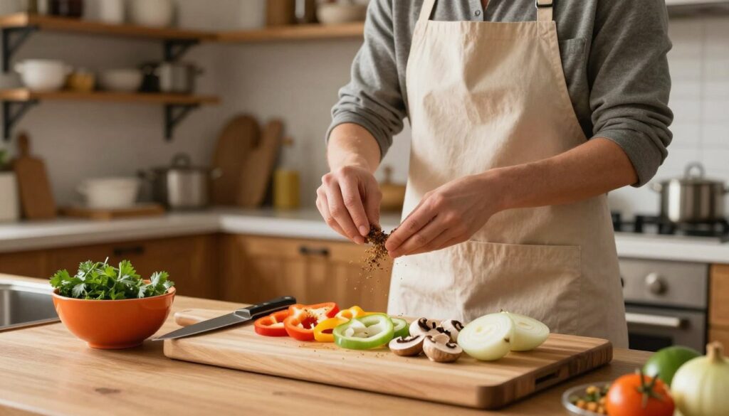 A cozy kitchen scene focused on the preparation of ingredients for a casserole. In the foreground, a wooden cutting board is filled with sliced vegetables like bell peppers, onions, and mushrooms, arranged artistically. A vibrant bowl of mixed herbs sits nearby, with a sharp chef's knife resting beside it. In the middle ground, a person in a neat apron is carefully measuring out spices, their expression focused and engaged in the cooking process. The background features well-organized kitchen shelves with pots and pans, warm wooden cabinets, and soft ambient lighting creating an inviting atmosphere. The overall mood is warm and homely, showcasing the importance of ingredient preparation in achieving a delicious casserole.