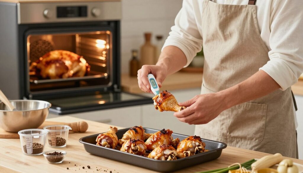A cozy kitchen scene showcasing a chef, dressed in a professional apron and modest casual clothing, skillfully preparing chicken drumsticks in a well-lit environment. The foreground features the chef carefully checking the internal temperature of a perfectly roasted drumstick using a digital thermometer, ensuring it is cooked safely near the bone. In the middle ground, a table is adorned with various baking essentials such as measuring cups, spices, and a mixing bowl, emphasizing the baking preparation process. The background reveals an inviting oven with golden-brown chicken inside, glowing warmly under soft lighting, creating a homely and encouraging atmosphere. The overall mood is vibrant and instructional, highlighting the importance of avoiding common baking mistakes while cooking chicken.