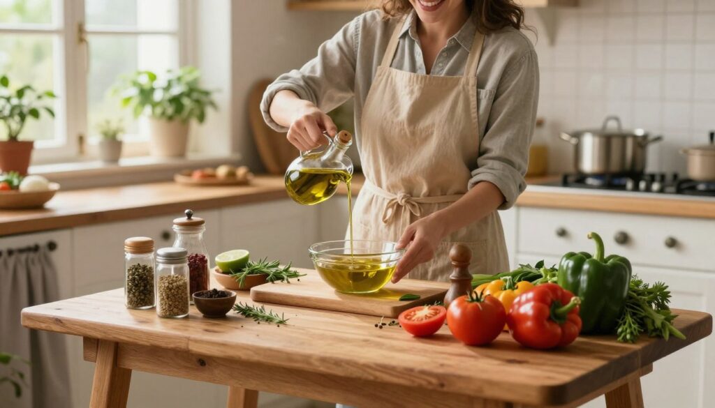 A cozy kitchen scene showcasing a variety of seasonings and ingredients for creating flavorful sauces. In the foreground, a small wooden table is adorned with spice jars, fresh herbs, and vibrant vegetables like tomatoes and bell peppers, all arranged artfully. The middle ground features a cheerful person, dressed in casual cooking attire, carefully pouring olive oil into a bowl while surrounded by a medley of ingredients ready to be mixed. Soft, warm lighting floods the room, creating an inviting atmosphere. Natural wood textures and greenery from window plants enhance the organic feel. In the background, a rustic kitchen counter displays a simmering pot, with steam rising to add a sense of warmth and comfort, inviting the viewer to explore the art of flavor modification.