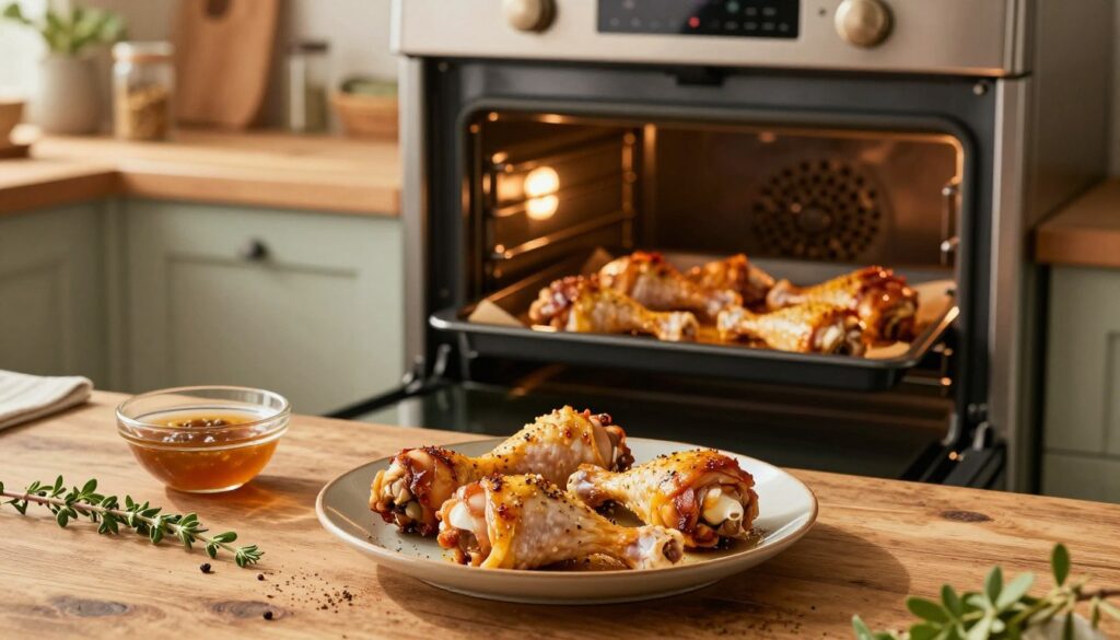 A cozy kitchen scene showcasing chicken drumsticks being baked in an oven. In the foreground, a rustic wooden table features a plate of marinated drumsticks, glistening with spices, ready for baking. A few sprigs of fresh herbs and a small bowl of marinade are nearby. In the middle ground, an oven door slightly ajar reveals the drumsticks sizzling on a baking tray, their golden-brown skin highlighted by warm, inviting light. The background includes soft-focus kitchen utensils and spices on open shelves, giving a homely atmosphere. The lighting is warm and natural, simulating a sunny afternoon. The overall mood is inviting, emphasizing the joy of cooking and the anticipation of a delicious meal.