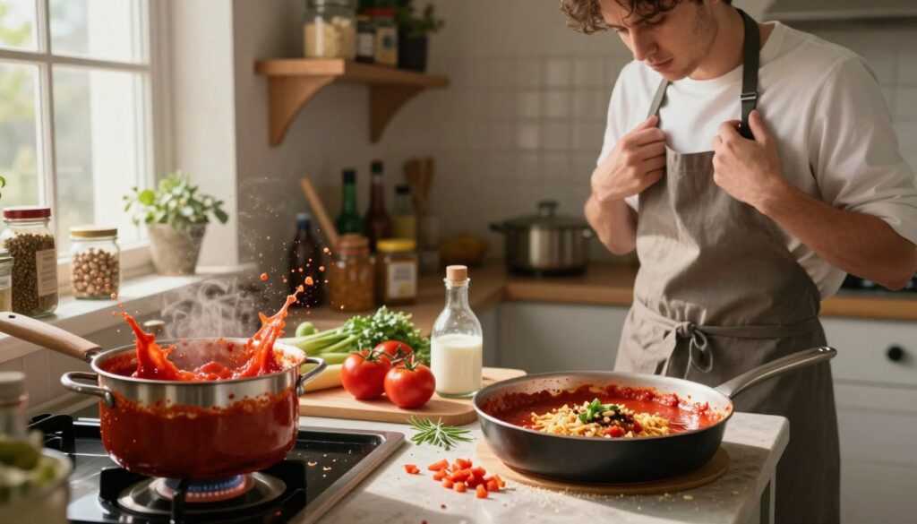 A cozy kitchen scene showcasing common mistakes in homemade sauce preparation. In the foreground, a pot on a stove with a splatter of red sauce, an overflowing pan with a clump of unblended ingredients, and a confused chef in neat casual attire adjusting their apron. In the middle, ingredients like tomatoes, cream, and herbs sprawled chaotically, with some improperly chopped. In the background, shelves filled with jars and spice bottles hint at a cluttered workspace. Warm, natural lighting filters in through a window, casting soft shadows and creating an inviting yet slightly chaotic atmosphere, emphasizing the learning process behind making sauces for pasta bakes.