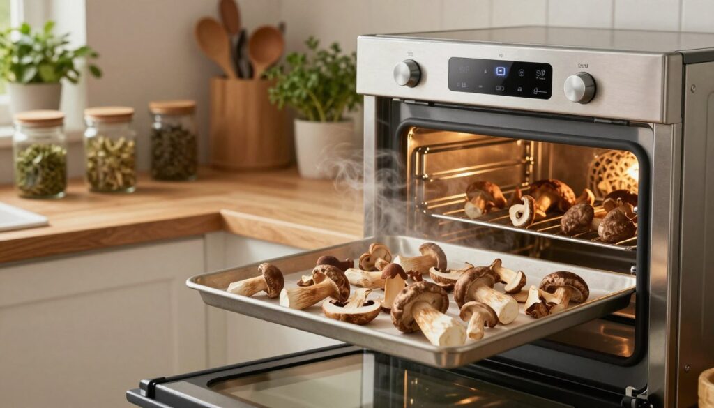 A cozy kitchen scene showcasing mushrooms being dried in a modern oven with a convection function. In the foreground, a close-up of various mushrooms like porcini and chanterelles laid out on a baking tray, their earthy tones visible. The oven, sleek and stainless steel, is slightly ajar, releasing wisps of steam and a gentle glow from the interior. In the middle ground, rustic wooden countertops and jars of dried herbs create an inviting atmosphere, complemented by soft, warm lighting that highlights the textures of the mushrooms. In the background, shelves filled with kitchen utensils and a potted herb emphasize the culinary context. The overall mood is warm and comforting, conveying the joy of home cooking and the art of preserving flavors.