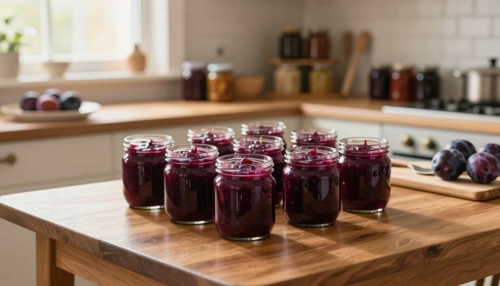 A cozy kitchen scene showcasing the art of preserving homemade plum sauce. In the foreground, a polished wooden table displays neatly arranged glass jars filled with rich, deep purple plum sauce, glinting under soft, warm lighting. The middle ground features a kitchen countertop with fresh plums, a cutting board, and utensils, hinting at the preparation process. In the background, shelves lined with jars of various preserves and canned goods create a homey atmosphere. Gentle sunlight filters through a window, casting a soft glow, enhancing the feeling of warmth and comfort. The mood is inviting, emphasizing the joy of cooking and preserving cherished recipes. Capture this scene from a slightly elevated angle for depth and dimension.