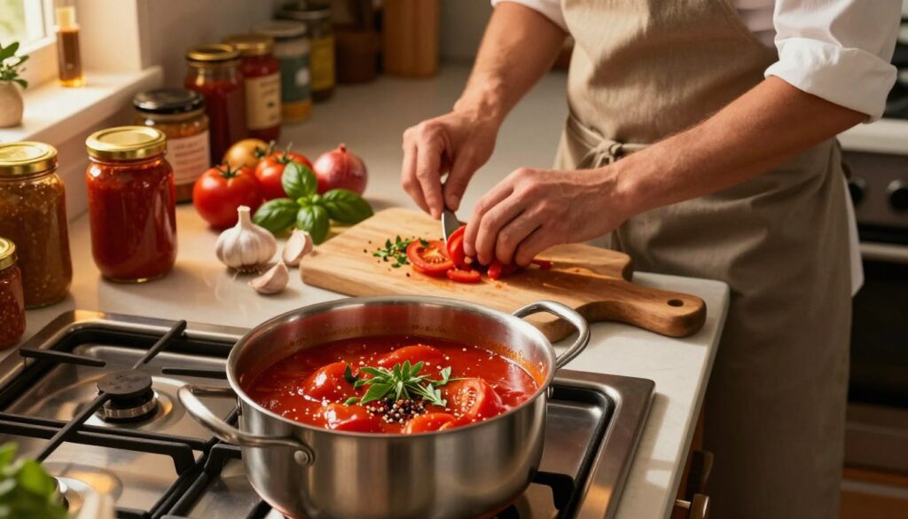 A cozy kitchen scene showcasing the process of cooking a rich Italian tomato sauce. In the foreground, a stainless steel pot simmers on a modern stovetop, filled with vibrant red tomatoes, herbs, and spices. The middle layer features a wooden chopping board with fresh garlic, basil, and onions, with a chef in a modest apron expertly preparing the ingredients. In the background, shelves are lined with jars of homemade sauces, while warm, golden lighting creates an inviting atmosphere. The camera angle is slightly overhead, capturing the essence of a rustic yet contemporary culinary experience. The overall mood is warm and inviting, celebrating the art of homemade cooking.