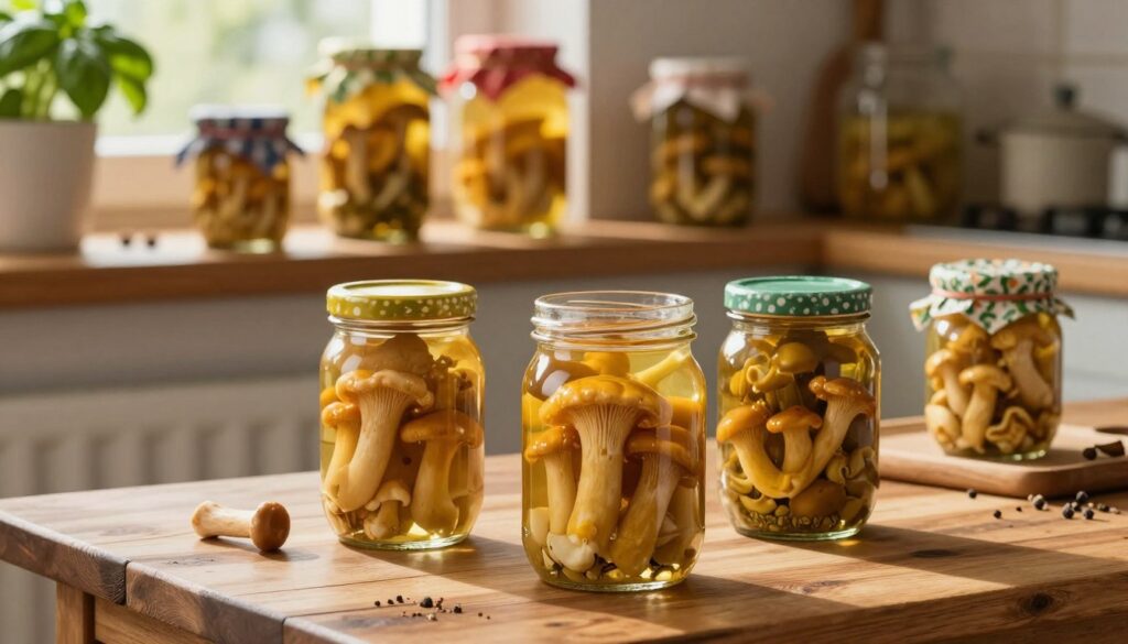 A cozy kitchen scene showcasing the storage of pickled honey mushrooms. In the foreground, a beautifully arranged wooden table displays jars filled with vibrant golden-yellow opieńki mushrooms, their glossy surfaces reflecting light. The middle ground features a rustic shelf with additional jars, some adorned with colorful fabric lids, adding a homey touch. In the background, soft morning light filters through a window, casting gentle shadows and highlighting herbs and spices scattered around. A hint of green from potted basil adds freshness to the ambiance. The overall mood is inviting and warm, perfect for a home-cooking environment. Use natural, soft lighting to emphasize the textures and colors of the mushrooms and jars.