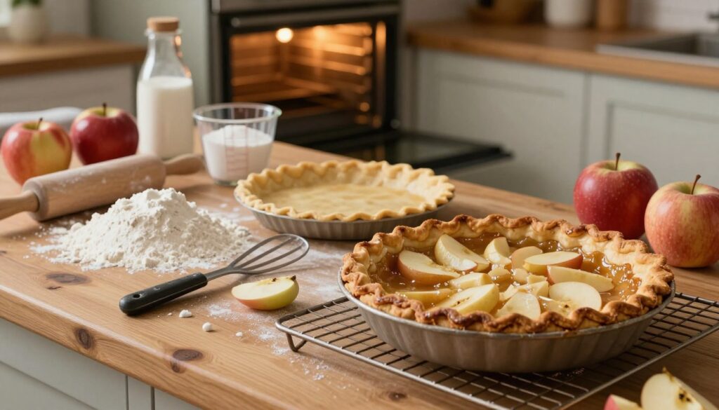 A cozy kitchen setting, featuring a rustic wooden countertop adorned with a variety of baking ingredients such as flour, sugar, and apples, emphasizing the theme of common baking mistakes. In the foreground, a half-baked apple pie sits on a cooling rack, showing unevenly browned crust and spilled filling to illustrate errors. In the middle, baking utensils like an unrolled pie crust, measuring cups, and a rolling pin are scattered, showcasing a chaotic baking process. The background features a warm oven with its door slightly open, casting soft light that highlights the scene. The atmosphere is inviting yet chaotic, emphasizing both the challenges of baking and the warmth of home cooking. Ideal natural lighting creates a welcoming glow. A cozy kitchen setting, featuring a rustic wooden countertop adorned with a variety of baking ingredients such as flour, sugar, and apples, emphasizing the theme of common baking mistakes. In the foreground, a half-baked apple pie sits on a cooling rack, showing unevenly browned crust and spilled filling to illustrate errors. In the middle, baking utensils like an unrolled pie crust, measuring cups, and a rolling pin are scattered, showcasing a chaotic baking process. The background features a warm oven with its door slightly open, casting soft light that highlights the scene. The atmosphere is inviting yet chaotic, emphasizing both the challenges of baking and the warmth of home cooking. Ideal natural lighting creates a welcoming glow.