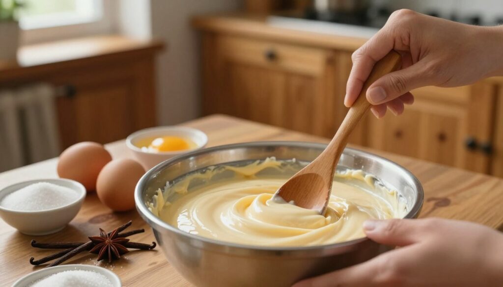 A creamy cheese filling known as "masa serowa" in a mixing bowl, showcasing its smooth and glossy texture. The foreground features a hand gently stirring the mixture with a wooden spoon, capturing the craftsmanship of preparing a perfect cheesecake filling. In the middle, a vibrant array of ingredients such as eggs, sugar, and vanilla extract are artfully arranged around the bowl, highlighting the key components of the mixture. The background features a rustic kitchen setting with warm wooden cabinets and natural light streaming through a window, creating a cozy and inviting atmosphere. The image should evoke a sense of warmth and culinary passion, focusing on the deliciousness of the cheese mixture while maintaining a professional look. A creamy cheese filling known as "masa serowa" in a mixing bowl, showcasing its smooth and glossy texture. The foreground features a hand gently stirring the mixture with a wooden spoon, capturing the craftsmanship of preparing a perfect cheesecake filling. In the middle, a vibrant array of ingredients such as eggs, sugar, and vanilla extract are artfully arranged around the bowl, highlighting the key components of the mixture. The background features a rustic kitchen setting with warm wooden cabinets and natural light streaming through a window, creating a cozy and inviting atmosphere. The image should evoke a sense of warmth and culinary passion, focusing on the deliciousness of the cheese mixture while maintaining a professional look.