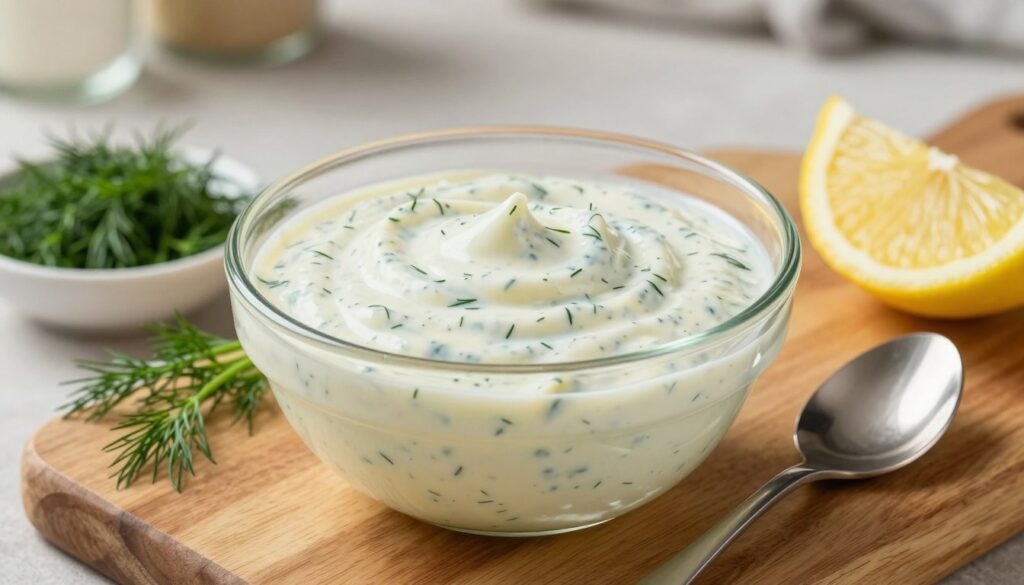 A creamy dill sauce, rich and smooth, elegantly presented in a stylish glass bowl, sits on a textured wooden surface. Surrounding the bowl, small bowls of fresh dill and a lemon wedge add vibrant colors and textures. The background features a softly blurred kitchen setting with natural light streaming in, creating a warm and inviting atmosphere. A shiny silver spoon rests beside the bowl, reflecting the soft light. The focal point should emphasize the sauce's creamy texture, highlighting the delicate flecks of dill within it. The scene conveys a sense of freshness and culinary delight, ideal for illustrating technical aspects of sauce storage and freezing methods, with an inviting and clean aesthetic.
