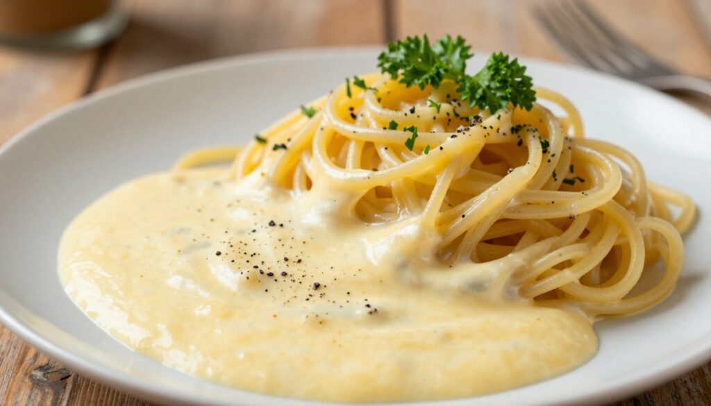 A creamy egg sauce, rich and velvety, delicately drizzled over a plate of al dente pasta. The foreground features a close-up of the sauce, showcasing its smooth texture and pale yellow hue, with flecks of black pepper sprinkled on top for contrast. In the middle ground, a serving of spaghetti is artfully intertwined, glistening with the sauce, garnished with fresh herbs like parsley. The background reveals a rustic wooden table setting with a warm, inviting atmosphere, complemented by soft, natural lighting that creates gentle shadows. The scene evokes a sense of comfort and culinary delight, perfect for a traditional Italian meal. Use a shallow depth of field to enhance the foreground details, focusing on the creamy sauce and pasta while blurring the background softly.