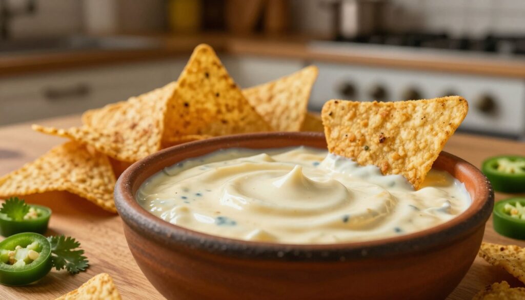 A creamy, luscious cheese sauce in a rustic bowl sits prominently in the foreground, with a slight sheen reflecting the warm lighting. In the middle ground, crispy nachos are artfully arranged, some dipped partially into the sauce, enhancing the appetizing appeal. The background features a cozy kitchen setting, with warm wood tones and soft lighting, creating an inviting atmosphere. Green herbs, such as cilantro and jalapeños, are scattered around, adding color and freshness. Capture this scene with a shallow depth of field, focusing primarily on the cheese sauce and nachos, while softly blurring the kitchen elements behind. The overall mood is warm and inviting, emphasizing the homemade, comforting nature of the dish.