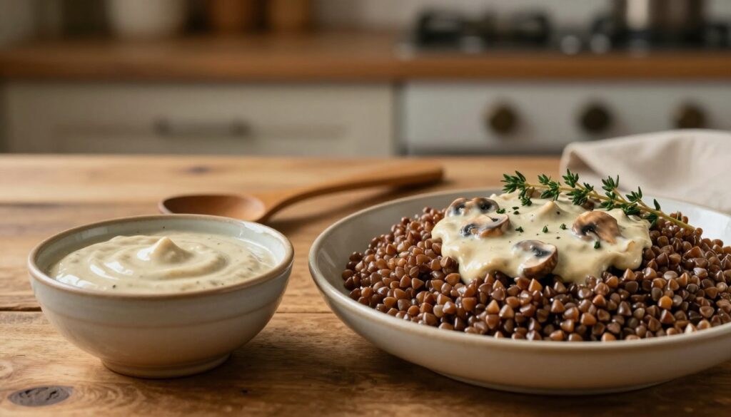 A creamy mushroom sauce delicately drizzled over a bed of dark buckwheat, garnished with fresh thyme sprigs. In the foreground, showcase a rustic wooden table adorned with a ceramic bowl containing the sauce, its smooth texture reflecting soft, warm light. In the middle, place a small wooden spoon beside the bowl, partially dipped in the rich sauce, offering a sense of inviting warmth and comfort. In the background, blur the outline of a kitchen setting, with hints of earthy tones and gentle lighting to enhance the cozy atmosphere. The scene should evoke a feeling of homeliness and culinary delight, invoking a culinary masterpiece that is both simple and elegant.