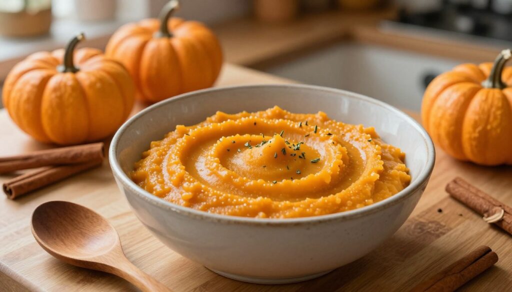 A creamy pumpkin puree in an elegant, rustic bowl, placed on a wooden kitchen countertop. The puree has a silky texture, a vibrant orange color, with a few subtle herbs sprinkled on top for garnish. In the foreground, include a wooden spoon resting beside the bowl, suggesting that it has just been stirred. In the middle ground, there are softly lit autumn-themed elements such as small pumpkins and cinnamon sticks arranged artfully around the bowl. The background features a cozy kitchen setting with warm, natural lighting that creates a welcoming atmosphere. The lens should capture the scene from a slight overhead angle, emphasizing the rich color and smooth consistency of the puree. Overall, the mood is inviting and evokes the feeling of preparing a comforting, seasonal dish.