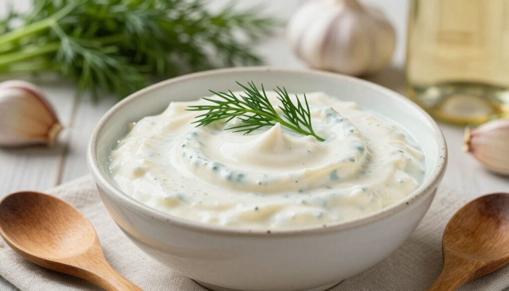 A creamy, rich dill sauce in a small, elegant ceramic bowl, showcasing its smooth, velvety texture. The sauce is garnished with fresh dill sprigs for a vibrant contrast. In the foreground, a wooden spoon rests beside the bowl, inviting the viewer to imagine the taste. The background features a softly blurred rustic kitchen setting, with blurred ingredients like fresh herbs, garlic, and a bottle of white wine peeking out. Warm, natural lighting bathes the scene, creating a cozy, inviting atmosphere. The angle is slightly above, capturing the essence of the sauce while providing a sense of depth. The mood is fresh and wholesome, perfect for illustrating the concept of ideal consistency in a culinary context.