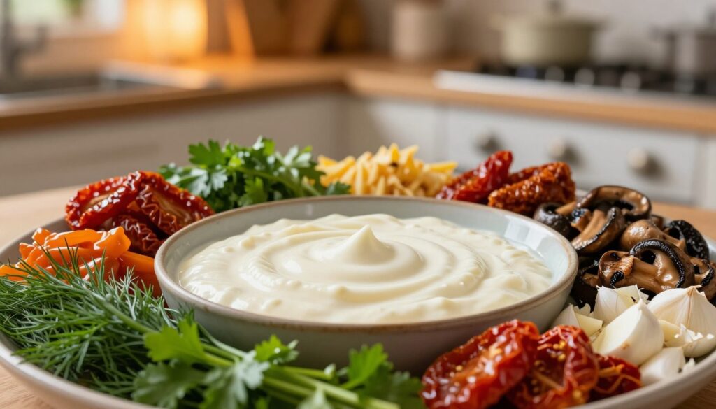 A creamy, rich white sauce in a rustic bowl surrounded by an array of colorful flavor variations. In the foreground, there are fresh herbs like dill and parsley, alongside finely chopped garlic and colorful ingredients like sun-dried tomatoes and sautéed mushrooms, each adding a distinct texture and vibrancy. The middle includes swirls of the creamy sauce artistically arranged, showcasing its smooth consistency. In the background, a softly blurred setting of a cozy kitchen with wooden accents and a warm, inviting light casts a golden hue, creating a homely atmosphere. Use a shallow depth of field to emphasize the sauce while adding a slight bokeh effect to the kitchen background, evoking a feeling of comfort and culinary inspiration. A creamy, rich white sauce in a rustic bowl surrounded by an array of colorful flavor variations. In the foreground, there are fresh herbs like dill and parsley, alongside finely chopped garlic and colorful ingredients like sun-dried tomatoes and sautéed mushrooms, each adding a distinct texture and vibrancy. The middle includes swirls of the creamy sauce artistically arranged, showcasing its smooth consistency. In the background, a softly blurred setting of a cozy kitchen with wooden accents and a warm, inviting light casts a golden hue, creating a homely atmosphere. Use a shallow depth of field to emphasize the sauce while adding a slight bokeh effect to the kitchen background, evoking a feeling of comfort and culinary inspiration.