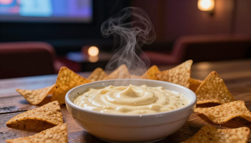 A creamy, thick cheese sauce in an elegant dish, perfect for dipping, takes center stage in the foreground, with a glossy, velvety texture that glistens in soft, warm lighting. Surrounding the dish, perfectly golden nachos are scattered on a rustic wooden table, invitingly arranged. The middle ground features a softly blurred background of a cozy home movie theater, with dim, ambient lighting and plush seating, enhancing a relaxed cinematic atmosphere. A hint of steam rises from the cheese sauce, creating a comforting vibe. The composition should be shot with a shallow depth of field, emphasizing the rich details of the sauce, while capturing the warm and inviting mood of a perfect movie night snack. A creamy, thick cheese sauce in an elegant dish, perfect for dipping, takes center stage in the foreground, with a glossy, velvety texture that glistens in soft, warm lighting. Surrounding the dish, perfectly golden nachos are scattered on a rustic wooden table, invitingly arranged. The middle ground features a softly blurred background of a cozy home movie theater, with dim, ambient lighting and plush seating, enhancing a relaxed cinematic atmosphere. A hint of steam rises from the cheese sauce, creating a comforting vibe. The composition should be shot with a shallow depth of field, emphasizing the rich details of the sauce, while capturing the warm and inviting mood of a perfect movie night snack.