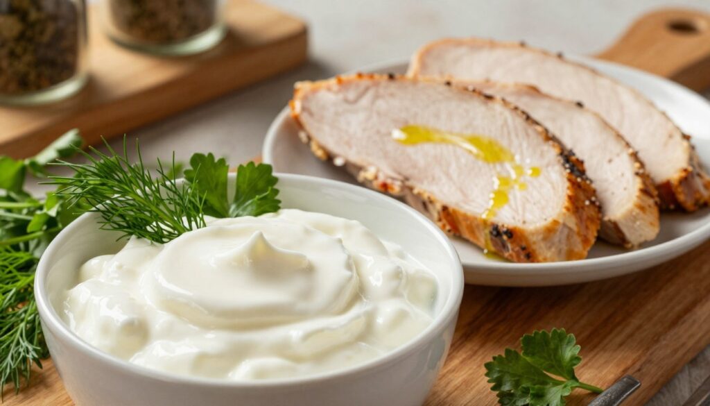 A delicious bowl of natural yogurt sits prominently in the foreground, its creamy texture glistening under soft, warm lighting that enhances its freshness. Surrounding the yogurt are fresh herbs, such as dill and parsley, adding vibrant green hues that contrast beautifully with the white of the yogurt. In the middle ground, a plate of marinated turkey breast slices is arranged elegantly, showcasing their golden, tender appearance, with a light drizzle of olive oil reflecting subtle highlights. The background features a rustic kitchen setting, including wooden cutting boards and subtle hints of spices in jars, creating a cozy and inviting atmosphere. The overall mood is one of warmth and home-cooked comfort, emphasizing the theme of healthy, flavorful cooking. The image should be shot from a slightly elevated angle to provide a comprehensive view of the elements.