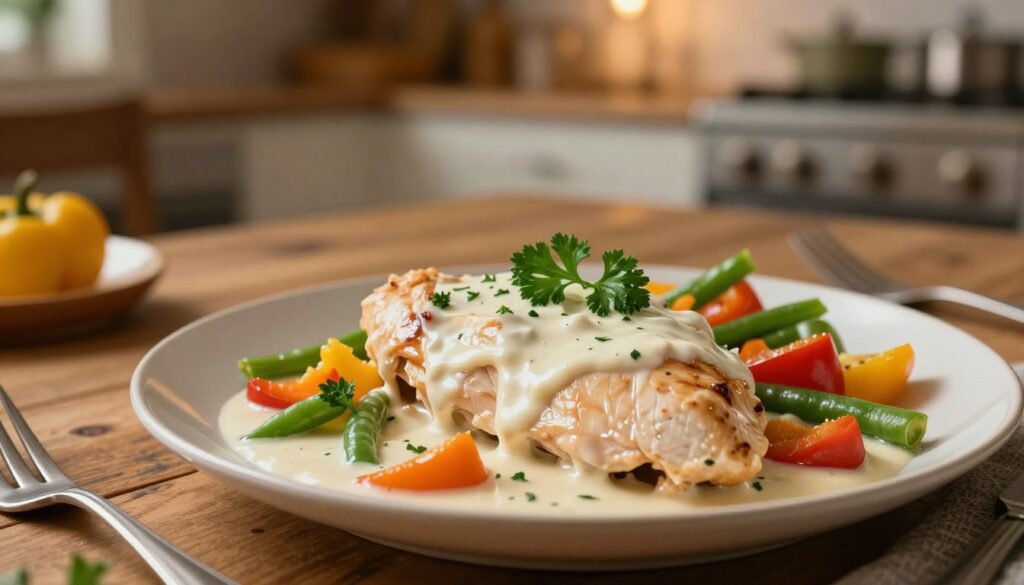 A delicious plate of chicken in creamy white sauce, showcasing tender chicken breasts glistening in the sauce, garnished with fresh parsley and surrounded by a medley of colorful vegetables like bell peppers and green beans. In the foreground, focus on the textured surface of the dish, emphasizing the richness of the sauce. The middle ground features a rustic wooden table setting, creating a homey atmosphere. In the background, a softly lit kitchen environment subtly blurred, with warm lighting that emphasizes a comforting and inviting mood. Use a shallow depth of field to draw attention to the dish, captured from a slightly elevated angle to enhance the presentation. The overall ambiance is warm and cozy, ideal for a family dinner setting.