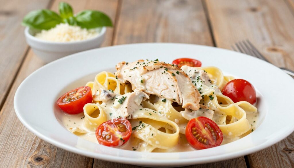 A delicious plate of creamy pasta with chicken, elegantly presented in the foreground. The dish features perfectly cooked fettuccine coated in a rich, glossy creamy sauce infused with herbs, garlic, and pieces of tender chicken breast. The vibrant colors of cherry tomatoes add a burst of freshness. In the middle background, a rustic wooden table holds a small bowl of grated Parmesan cheese and a sprig of basil, enhancing the inviting atmosphere. Soft, natural lighting illuminates the scene, creating a warm and appetizing mood. A shallow depth of field focuses on the pasta while softly blurring the table in the background, adding depth to the composition. The angle is slightly above the plate, offering an enticing view of the creamy details and inviting texture of the dish.
