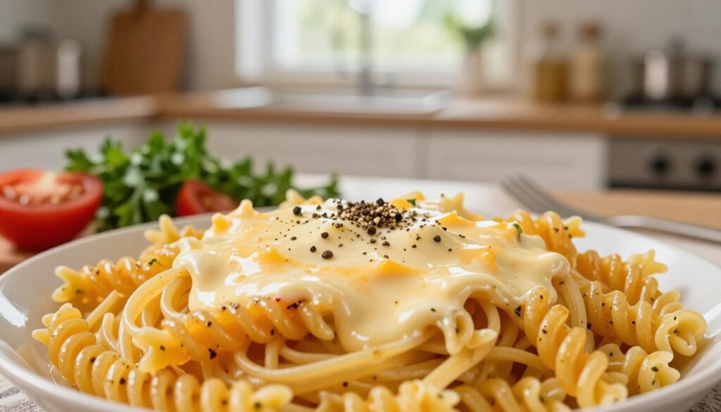 A delicious serving of creamy melted cheese sauce, known as "serek topionego," drizzled generously over a nest of perfectly cooked pasta, featuring spaghetti or fettuccine. In the foreground, vibrant pasta twirls are topped with a rich, golden cheese sauce, glistening with a hint of garlic and herbs. The middle ground features an array of fresh ingredients like sprinkled parsley, sliced tomatoes, and a sprinkle of black pepper for contrast. In the background, a warm kitchen setting with soft, natural light filtering through a window, creating a cozy atmosphere. Capture the inviting and homely feel of a quick and satisfying meal. Use a shallow depth of field to emphasize the sauce and pasta while slightly blurring the background for a focus on the dish.