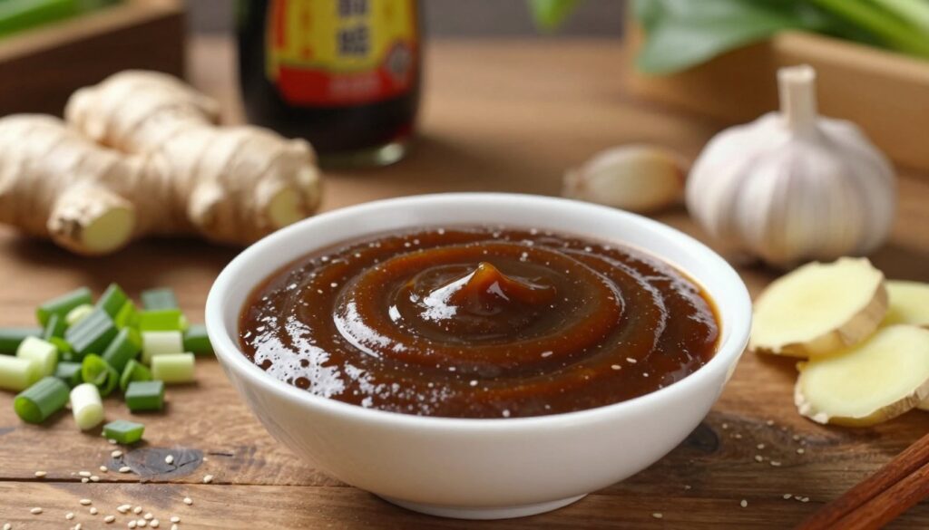 A deliciously rich and glossy bowl of homemade teriyaki sauce in the foreground, showcasing its deep brown color and shiny texture. Surrounding the sauce are fresh ingredients like ginger, garlic, and green onions, meticulously chopped and artistically arranged to reflect the preparation of the marinade. In the background, a rustic wooden table and softly blurred out elements such as soy sauce bottles and sesame seeds create a warm, inviting kitchen atmosphere. The lighting is soft and natural, illuminating the sauce and ingredients to evoke a sense of culinary warmth and authenticity. The overall mood is cozy and inviting, perfect for showcasing a homemade recipe.