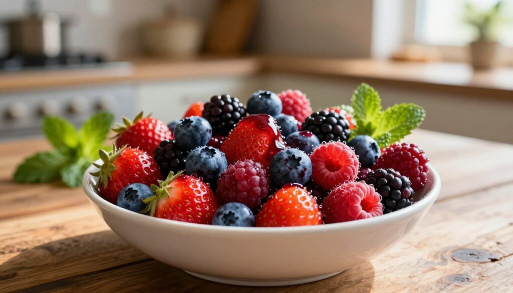 A delightful bowl of "mix jagodowy" featuring an assortment of fresh, vibrant berries including strawberries, blueberries, raspberries, and blackberries, intermingled with a drizzle of glossy berry sauce. The foreground showcases the bowl filled to the brim, the berries glistening with dew drops, on a rustic wooden table. In the middle ground, there are a few fresh mint leaves, adding a touch of greenery, while a blurred background reveals a softly lit kitchen setting with warm, ambient lighting. The atmosphere is inviting and playful, perfect for indulgence. Use a warm color palette to enhance the richness of the fruits, with natural sunlight filtering through a nearby window, creating soft shadows that add depth to the scene.