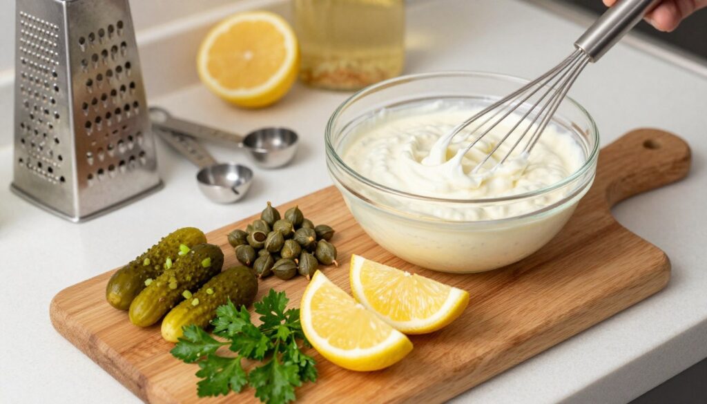 A detailed and visually engaging step-by-step instruction guide for making tartar sauce, focusing on a clean kitchen countertop setting. In the foreground, display key ingredients like finely chopped pickles, capers, lemon wedges, and fresh parsley, arranged artistically on a wooden cutting board. In the middle, include a bowl filled with a creamy white mixture, with a whisk resting beside it, indicating preparation in progress. In the background, place a neatly organized assortment of cooking utensils, such as a grater and measuring spoons, softly illuminated by warm, natural lighting to create a cozy atmosphere. The angle should be slightly top-down to capture all elements harmoniously, emphasizing clarity and inviting aesthetics. No text or overlays, ensuring a professional representation. A detailed and visually engaging step-by-step instruction guide for making tartar sauce, focusing on a clean kitchen countertop setting. In the foreground, display key ingredients like finely chopped pickles, capers, lemon wedges, and fresh parsley, arranged artistically on a wooden cutting board. In the middle, include a bowl filled with a creamy white mixture, with a whisk resting beside it, indicating preparation in progress. In the background, place a neatly organized assortment of cooking utensils, such as a grater and measuring spoons, softly illuminated by warm, natural lighting to create a cozy atmosphere. The angle should be slightly top-down to capture all elements harmoniously, emphasizing clarity and inviting aesthetics. No text or overlays, ensuring a professional representation.