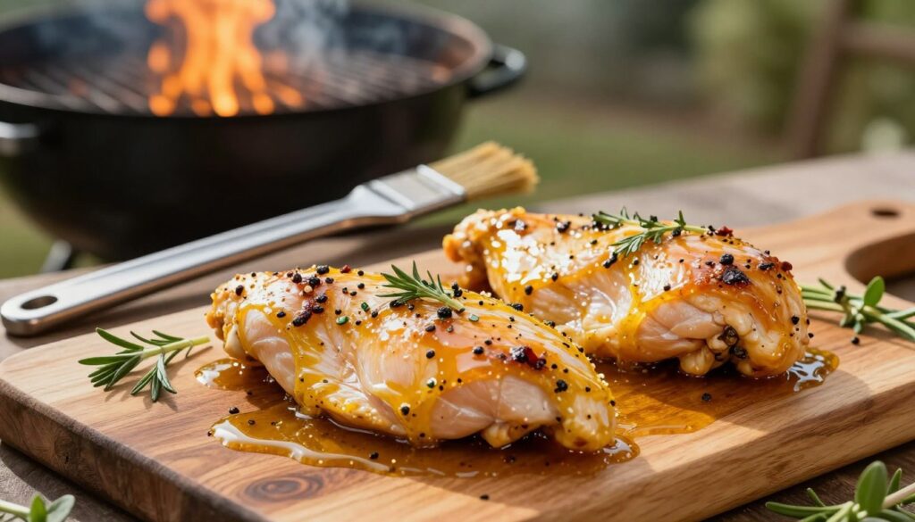 A fresh, enticing display of chicken breast fillets marinated in a rich, golden marinade, glistening with spices and herbs. In the foreground, showcase the marinated fillets arranged beautifully on a rustic wooden cutting board, their texture vibrant and juicy, surrounded by sprigs of fresh herbs and a drizzle of marinade. The middle ground features grilling tools like tongs and a basting brush used for preparation. In the background, a softly lit outdoor grill with smoke gently rising, creating an inviting atmosphere. Use warm lighting to evoke a sense of warmth and comfort, shot at a slight angle to emphasize depth. The overall mood is lively and appetizing, perfect for a summer grilling scene. A fresh, enticing display of chicken breast fillets marinated in a rich, golden marinade, glistening with spices and herbs. In the foreground, showcase the marinated fillets arranged beautifully on a rustic wooden cutting board, their texture vibrant and juicy, surrounded by sprigs of fresh herbs and a drizzle of marinade. The middle ground features grilling tools like tongs and a basting brush used for preparation. In the background, a softly lit outdoor grill with smoke gently rising, creating an inviting atmosphere. Use warm lighting to evoke a sense of warmth and comfort, shot at a slight angle to emphasize depth. The overall mood is lively and appetizing, perfect for a summer grilling scene.