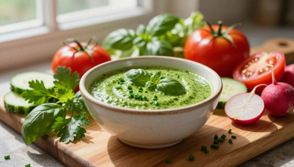 A fresh, vibrant green salad dressing, featuring a blend of herbs such as basil, parsley, and chives, sits elegantly in a small, rustic ceramic bowl. Surrounding the bowl are an array of colorful, crisp vegetables including ripe tomatoes, cucumbers, and radishes, artfully arranged on a wooden cutting board. Sunlight streams from a nearby window, casting gentle shadows and highlighting the rich textures and colors of the ingredients. The scene is warm and inviting, evoking a sense of health and freshness, perfect for a homemade salad dressing. The image captures a close-up angle, emphasizing the lushness of the green sauce and the vibrant hues of the vegetables, conveying a feeling of culinary creativity.