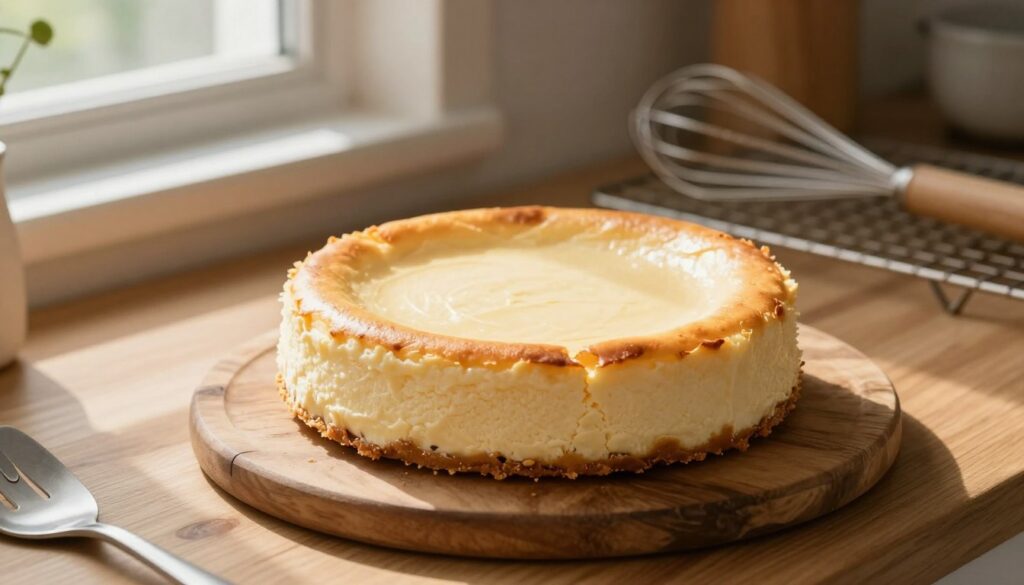 A freshly baked cheesecake cooling on a wooden kitchen countertop, with the focus on its creamy texture and golden-brown edges. The cheesecake is placed on a rustic, round wooden board, showcasing its smooth surface and subtle cracks from baking. In the background, soft natural light filters through a nearby window, casting gentle shadows and highlighting the warm tones of the kitchen. The scene is adorned with a few scattered kitchen utensils like a whisk and a spatula, adding a homey feel. A cooling rack is partially visible, creating depth. The atmosphere is inviting and serene, evoking a sense of comfort and the joyful anticipation of enjoying a homemade dessert. A freshly baked cheesecake cooling on a wooden kitchen countertop, with the focus on its creamy texture and golden-brown edges. The cheesecake is placed on a rustic, round wooden board, showcasing its smooth surface and subtle cracks from baking. In the background, soft natural light filters through a nearby window, casting gentle shadows and highlighting the warm tones of the kitchen. The scene is adorned with a few scattered kitchen utensils like a whisk and a spatula, adding a homey feel. A cooling rack is partially visible, creating depth. The atmosphere is inviting and serene, evoking a sense of comfort and the joyful anticipation of enjoying a homemade dessert.