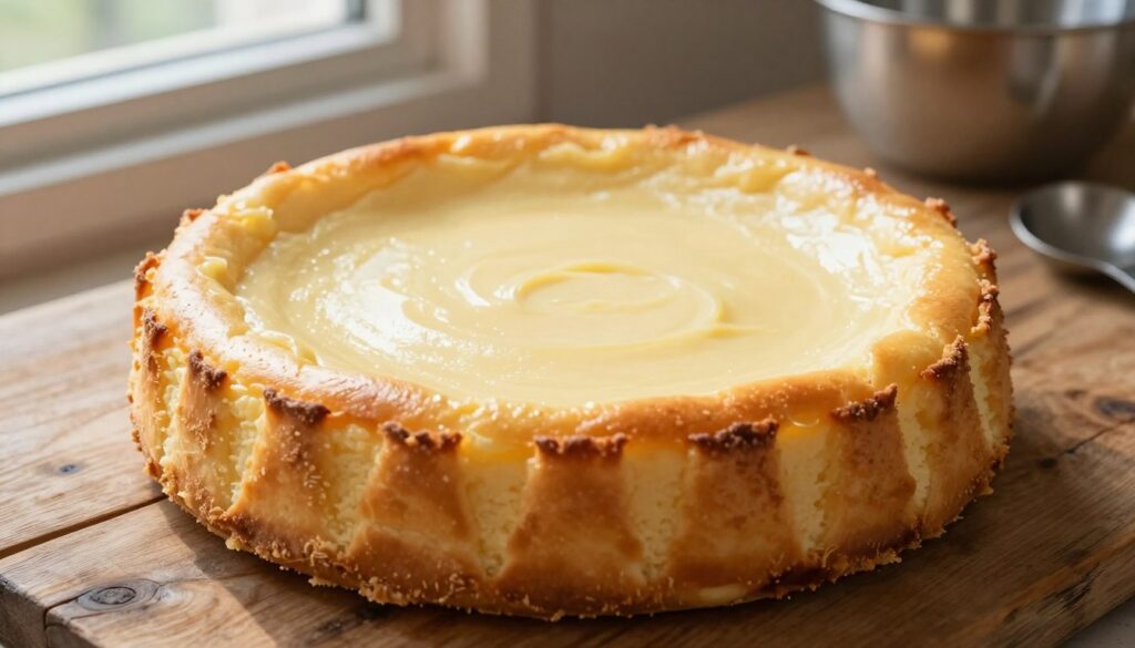 A freshly baked cheesecake with a perfectly golden-brown crust, displayed prominently in the foreground on a rustic wooden table. The crust is flaky and textured, with slight imperfections that add to its homemade charm. The creamy filling, a pale yellow hue, is visibly smooth and slightly glossy, hinting at its delicious, velvety consistency. Soft natural lighting illuminates the scene from a nearby window, casting gentle shadows that enhance the texture of the crust. In the background, subtle hints of kitchen elements like measuring spoons and a mixing bowl suggest the baking process. Capture a warm, inviting atmosphere that emphasizes the comforting nature of homemade desserts, perfectly suitable for enticing readers interested in baking techniques. A freshly baked cheesecake with a perfectly golden-brown crust, displayed prominently in the foreground on a rustic wooden table. The crust is flaky and textured, with slight imperfections that add to its homemade charm. The creamy filling, a pale yellow hue, is visibly smooth and slightly glossy, hinting at its delicious, velvety consistency. Soft natural lighting illuminates the scene from a nearby window, casting gentle shadows that enhance the texture of the crust. In the background, subtle hints of kitchen elements like measuring spoons and a mixing bowl suggest the baking process. Capture a warm, inviting atmosphere that emphasizes the comforting nature of homemade desserts, perfectly suitable for enticing readers interested in baking techniques.