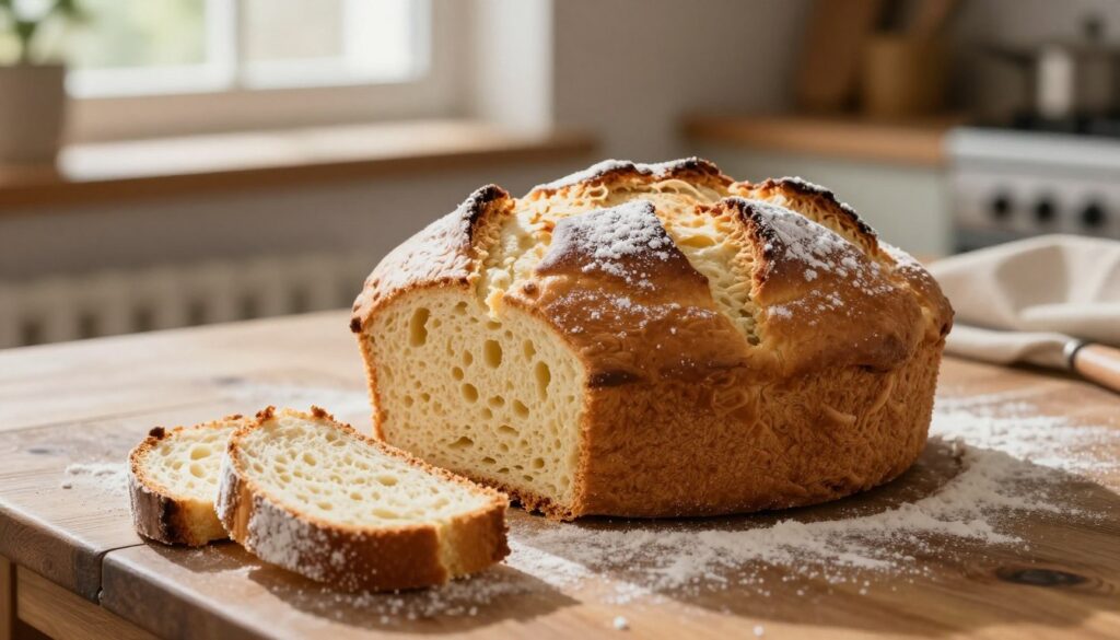 A freshly baked ciasto drożdżowe, a traditional Polish yeast cake, sits centrally on a rustic wooden table dusted with flour. The golden-brown surface of the cake is slightly glossy, showing a perfect rise and light texture that reflects its fluffy interior. In the foreground, delicate slices reveal the airy crumb, adorned with a sprinkle of powdered sugar. In the background, soft focus on a window allows natural light to flood in, illuminating the warmth of the scene and creating inviting shadows. The atmosphere is cozy and homely, evoking the comforting aroma of baking. This is captured from a slightly elevated angle to encompass both the cake and the warm kitchen environment, highlighting the importance of temperature in achieving the perfect bake.