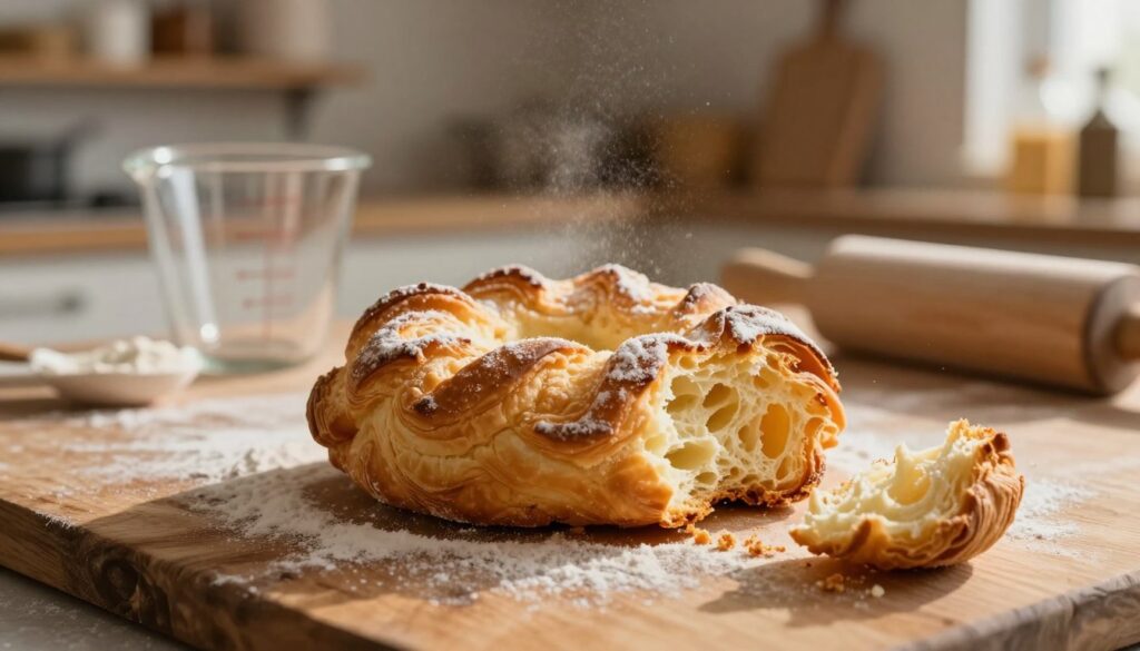 A freshly baked "ciasto ptysiowe" or choux pastry, elegantly puffed and golden-brown, displays its characteristic wavy textures. In the foreground, the pastry sits on a rustic wooden surface, with a few pieces slightly broken to reveal the soft, airy interior. Flour dust dances in the warm, soft light coming from the side, casting gentle shadows that highlight the intricate details of the surface. In the middle ground, a blurred kitchen setting suggests a busy bakers' workspace with measuring cups and a rolling pin out of focus. The background features shelves lined with baking ingredients, enhancing the cozy and inviting atmosphere. Capture this delicious dessert from a slightly elevated angle to emphasize its height and waves, creating an enticing visual appealing to pastry lovers. A freshly baked "ciasto ptysiowe" or choux pastry, elegantly puffed and golden-brown, displays its characteristic wavy textures. In the foreground, the pastry sits on a rustic wooden surface, with a few pieces slightly broken to reveal the soft, airy interior. Flour dust dances in the warm, soft light coming from the side, casting gentle shadows that highlight the intricate details of the surface. In the middle ground, a blurred kitchen setting suggests a busy bakers' workspace with measuring cups and a rolling pin out of focus. The background features shelves lined with baking ingredients, enhancing the cozy and inviting atmosphere. Capture this delicious dessert from a slightly elevated angle to emphasize its height and waves, creating an enticing visual appealing to pastry lovers.