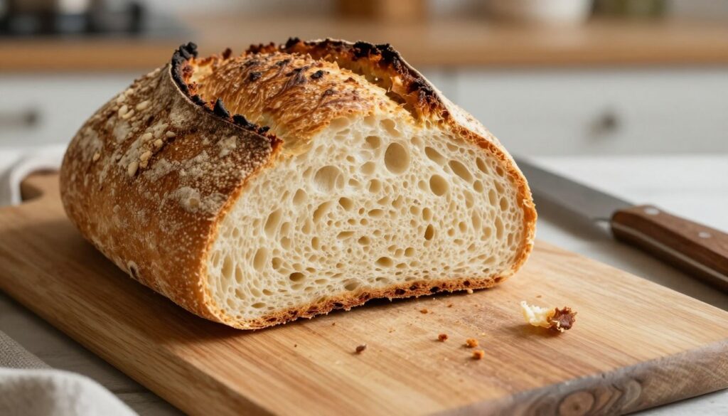 A freshly baked loaf of bread with a perfectly crispy crust, showcasing golden-brown hues and appealing textures. In the foreground, the bread is sliced open to reveal light, fluffy inside contrasted against the crunchy exterior. The middle ground features a rustic wooden cutting board and a knife, with a few crumbs scattered around to add detail. In the background, a softly blurred kitchen setting with warm, natural lighting enhances the homely atmosphere, highlighting a cozy and inviting vibe. Captured at a slight top-down angle, the image evokes a sense of warmth and comfort, inviting the viewer to imagine the delicious aroma of freshly baked bread.