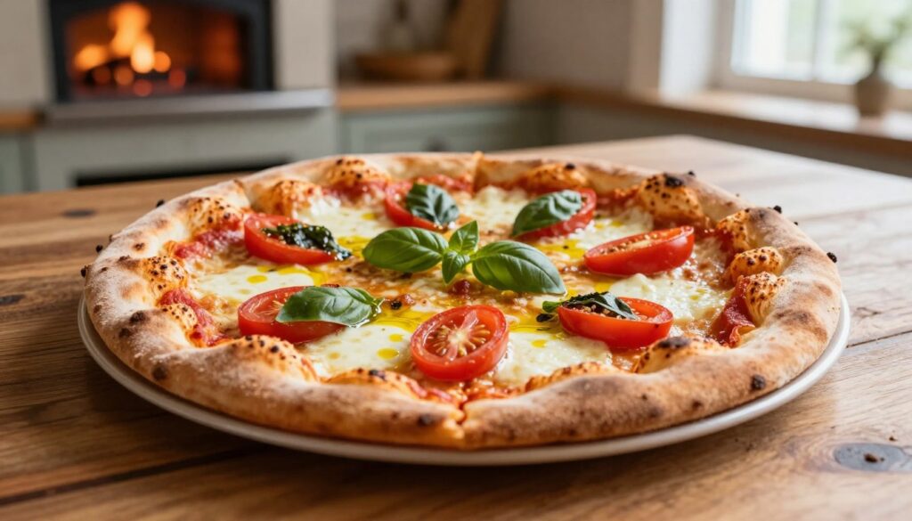A freshly baked pizza placed on a rustic wooden table, showcasing a golden-brown, perfectly crisp crust. The pizza is topped with vibrant red tomatos, gooey melted mozzarella cheese, fresh basil leaves, and a drizzle of olive oil. In the foreground, the crust is highlighted, emphasizing its texture and crunchiness. The background features a warm, inviting kitchen setting, with a traditional oven glowing softly, hinting at high baking temperatures. Soft, natural light streams in from a window, creating an inviting and homey atmosphere. The image should capture the essence of homemade pizza preparation, focusing on the details of the pizza while emphasizing its appeal as a comfort food. Aim for a warm, cozy feel that encourages viewers to imagine the delicious aroma and taste.