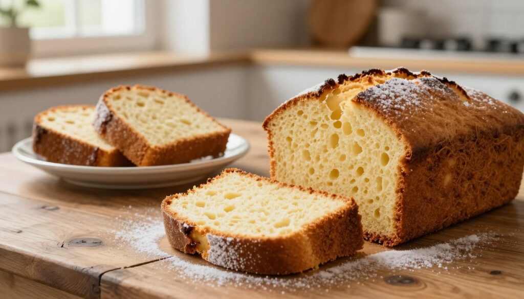 A freshly baked yeast cake, ciasto drożdżowe, sits elegantly on a rustic wooden table, showcasing its golden-brown, fluffy texture. The foreground highlights a slice of the cake, revealing its airy, moist interior with delicate strands of dough. In the middle ground, additional slices are arranged artfully on a vintage white plate, scattered with a dusting of powdered sugar. The background features a warm, inviting kitchen atmosphere with soft, natural light streaming through a window, hinting at a cozy baking environment. The scene evokes a sense of warmth and home, emphasizing the perfect texture and rise of the yeast cake, inviting the viewer to experience its deliciousness visually. Use a shallow depth of field to focus on the cake while softly blurring the background details.