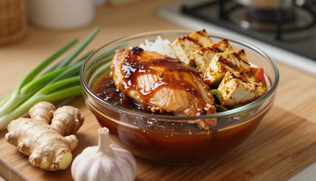 A glass bowl filled with rich, glossy teriyaki sauce, glistening under soft, warm lighting, placed on a wooden kitchen countertop. The foreground showcases a vibrant assortment of fresh ingredients like ginger, garlic, and scallions artfully arranged alongside the bowl. In the middle, a grilled chicken breast, tender and juicy, glistens with the teriyaki glaze, and slices of tofu are shown marinated and grilled, adding a vegetarian option. Subtle hints of steamed rice and colorful vegetables can be seen in the background, creating a harmonious balance of colors. The image captures a cozy, home-cooking atmosphere, inviting viewers to explore the delicious versatility of teriyaki sauce in everyday meals. Shot from a slightly elevated angle to give depth, showcasing the tantalizing textures and flavors.